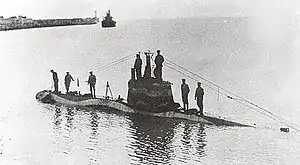 UB-3 was similar in appearance to her sister boat SM&nbsp;UB-4, pictured here in 1915.