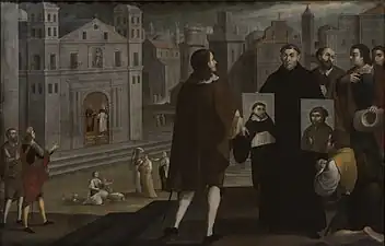 Joachim of Fiore shows the portraits of Saint Dominic de Guzmán and Saint Francis of Assisi (1680) by Gregorio Vásquez de Arce y Ceballos. Colonial Art Museum of Bogotá.