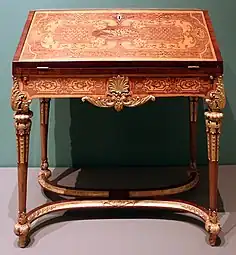 German slant-front desk; by Heinrich Ludwig Rohde or Ferdinand Plitzner; c.1715–1725; marquetry with maple, amaranth, mahogany, and walnut on spruce and oak; 90 × 84 × 44.5&nbsp;cm; Art Institute of Chicago