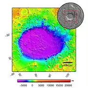 Hellas Basin Area topography. Crater depth is 7152 m (23,000 ft) below the standard topographic datum of Mars.