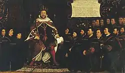 King Henry&nbsp;VIII in full royal regalia surrounded by a kneeling group of men who are all wearing black clothing and some with matching close-fitting caps