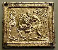 Hercules and the Nemean Lion, Galeazzo Mondella&nbsp;[it] (Moderno), c. 1500, gilt bronze plaquette