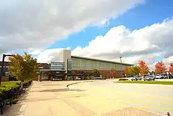 The Hilliard Gates Sports Center (left) and Lutheran Health Fieldhouse (right), with their combined main entrance in the center, at Purdue University Fort Wayne