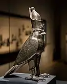 Figurine of Horus as falcon god with an Egyptian crown; circa 500 BC; silver and electrum; height: 26.9&nbsp;cm; Staatliche Sammlung für Ägyptische Kunst (Munich, Germany)