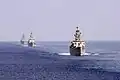 INS Godavari with INS&nbsp;Brahmaputra and INS&nbsp;Beas trailing during exercises with the US Navy.