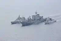 Sahyadri with JMSDF Ōmi and a Kamorta-class corvette during Malabar exercise.