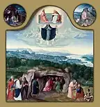 The Assumption of the Virgin, with the Nativity, the Resurrection, the Adoration of the Magi, the Ascension of Christ, Saint Mark and an Angel, and Saint Luke and an Ox, c. 1510–20, oil on panel, 62.28 × 58.7&nbsp;cm (24.52 × 23.13 in), Philadelphia Museum of Art