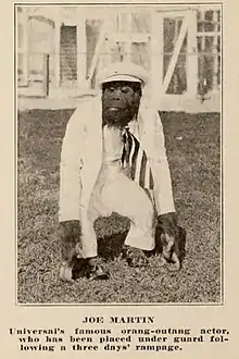 Wearing white suit, cap, necktie and shoes; enclosures are made of whitewashed wood and poultry fencing; original caption reads: Universal's famous orang-outang actor has been placed under guard following a three days' rampage