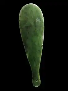 Kataore, a mere pounamu (42&nbsp;cm ×&nbsp;12&nbsp;cm, 16.5&nbsp;in ×&nbsp;4.7&nbsp;in) named after a Ngāi Tahu chief killed by Te Rauparaha in the 1830s. Gifted by Riwai Te Ahu to Sir George Grey.
