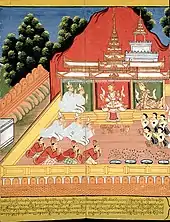 Kneeling figures sitting around a throne with a king and queen on it