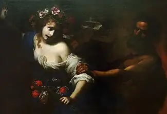 Painting showing Pesephone fleeing Hades. She is covered in flowers and bathed in light from the left-hand side of the painting. Hades emerges from the darkness on the right-hand side of the work. Only the outlines of his body, arm, and head can be seen. He is pulling of her blouse, revealing her upper body.