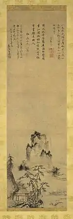 Landscape by Shubun, Hanging scroll, 108&nbsp;cm x 32.7&nbsp;cm. Ink and light color on paper, 1445. Located in the Nara National Museum.