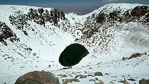 Aerial view of Licancabur Lake, surrounded by snow