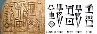 Lugaldalu inscription: ๐๐ฌ ๐๐๐ป ๐๐๐ฃ๐ รจ-sar lugal-dalu lugal adab-(ki) "In the temple Esar, Lugaldalu king of Adab"