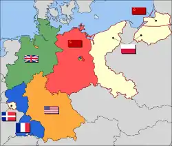 The eventual partition of Germany into Allied Occupation Zones: British zone French zone (two exclaves) and beginning in 1947, the Saar Protectorate American zone, including Bremen Soviet zone, later the GDR Polish and Soviet annexed territory