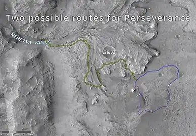 Mars Perseverance rover – possible routes for exploration and study