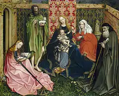 Madonna and Child with Saints in the Enclosed Garden, c. 1440/1460. Master of Flémalle or Workshop of Robert Campin. National Gallery of Art, D.C.  Campin's influence is seen in the seated, reading St. Catherine, the heavy folds of her dress, and the enclosed garden (domestic interior) itself.