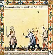 Image 26A game from the Cantigas de Santa Maria, c. 1280, involving tossing a ball, hitting it with a stick and competing with others to catch it (from History of baseball)