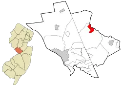 Location of Princeton Junction in Mercer County highlighted in red (right). Inset map: Location of Mercer County in New Jersey highlighted in orange (left).