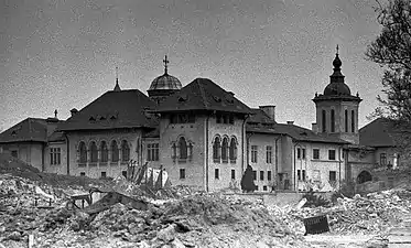 Mihai Vodă Monastery, Bucharest, founded in 1594, demolished in 1985-1986 while the church and the bell tower were moved 270 meters from their initial place to be saved, by engineer Eugeniu Iordăchescu behind 1980s apartment buildings, unknown architect