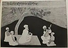 Miniature painting of Guru Nanak listening to musicians, circa 1680. One of the earliest extant or discovered painting of the first Sikh guru.