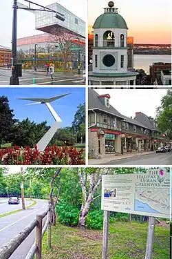 From top right, pictures are Town Clock, Hydrostone Shops, HUGA Trail, Saunders Park, and the Halifax Central Library.