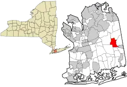 Location of Bethpage in Nassau County (right) and New York state (left)