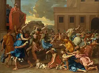 The Rape of the Sabine Women; by Nicolas Poussin; 1634–1635; oil on canvas; 1.55 × 2.1&nbsp;m; Metropolitan Museum of Art (New York City)