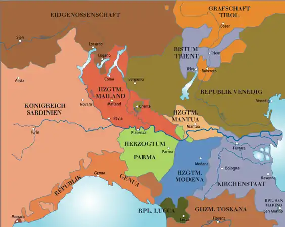 1796: northern Italy before the French invasion.&nbsp;&nbsp;Kingdom of (Piedmont–)Sardinia