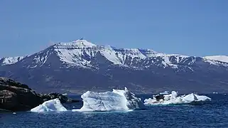 Qilertiinguit Kangilequtaa (2,070&nbsp;m (6,791&nbsp;ft)) seen from Uummannaq across the main arm of Uummannaq Fjord