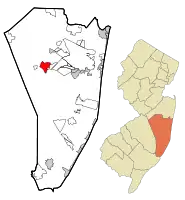 Map of Crestwood Village CDP in Ocean County. Inset: Location of Ocean County in New Jersey.