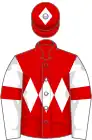 Red, white triple diamond, white sleeves, red armlets, red cap, white diamond