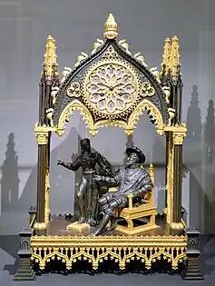 Clock with a group of François I and Marguerite de Navarre, after the François Ier montre à Marguerite de Navarre painting by Fleury François Richard, c.1830-1840, gilt and patinated bronze, Mobilier National