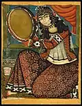 Persian miniature of Woman with frame drum in Qajar Iran, 19th century. Possibly a daf; the red and white circles are links of chain attached to the inner edge of the drum.