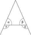 The pons asinorum or bridge of asses theorem states that in an isosceles triangle, α = β and γ = δ.