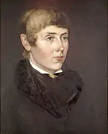 Painting of a white woman with short light brown hair, facing to the right. She is wearing a dark brown coat with a brown scarf and a golden broach at her throat.