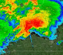 Image 1NEXRAD radar of the Quad-State Supercell from KPAH showing the tornado moments before impacting Mayfield. (from 2021 Western Kentucky tornado)