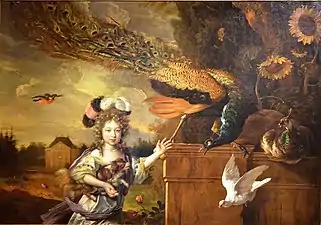 Girl with Peacocks (ca. 1680), oil on canvas, 128 x 181.7&nbsp;cm., Museum of Fine Arts, Reims [girl likely painted by Jan de Baen]