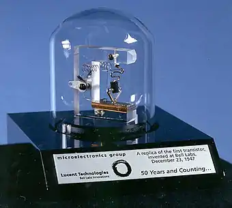 Image 20A replica of the first point-contact transistor in Bell labs (from Condensed matter physics)
