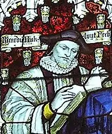 Hakluyt depicted in stained glass in the west window of the south transept of Bristol Cathedral – Charles Eamer Kempe, c. 1905