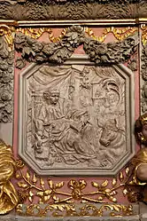 Panel depicting Luke the Evangelist decorating the pulpit. He is accompanied by his attribute the ox