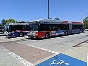 Gillig BRT (background) with "curvy patriot" livery and New Flyer Xcelsior XD60 with "silver" livery