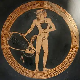 Silenus holding a kantharos and a lyre. Tondo of an Attic red-figure kylix from Vulci, Etruria, c. 475–425 BC