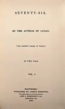 Black text on yellowed paper giving the title, author, and publication information for Seventy-Six