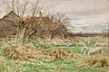 Charles James Adams - Sheep grazing on bleak winter pastureland. Watercolour.