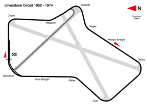 1952 to 1974: following the relocation of the pits area. Track length: 4.711&nbsp;km. Lap record: Ronnie Peterson, Lotus-Ford, 1:16.3 (1973 British Grand Prix). This configuration was used by Grand Prix motorcycle racing until 1986.