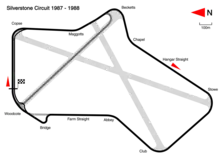 1987 to 1988: with the Bridge Chicane in place to reduce speeds through Woodcote Corner. Track length: 4.778&nbsp;km. Lap record: Nelson Piquet, Williams-Honda, 1:07.110 (1987 British Grand Prix).