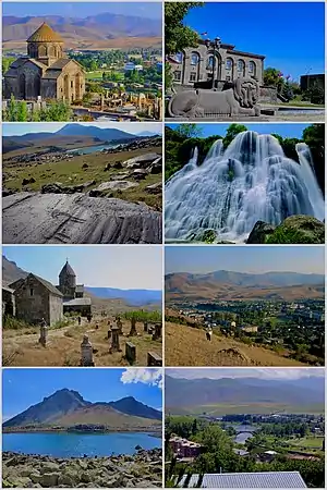 From top left:  Saint Gregory Church of 689&nbsp;• Sisian Town Hall&nbsp;• Ughtasar Petroglyphs&nbsp;• Shaki Waterfall&nbsp;•
Vorotnavank&nbsp;• General view of Sisian&nbsp;• Sisian with Mt Mets Ishkhanasar&nbsp;• Vorotan River