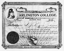 Arlington College stock certificate, 1900