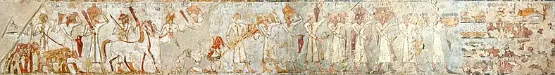 Syrians bringing presents to Tuthmosis III, in the tomb of Rekhmire, circa 1450 BCE. They are labeled "Chiefs of Retjenu".